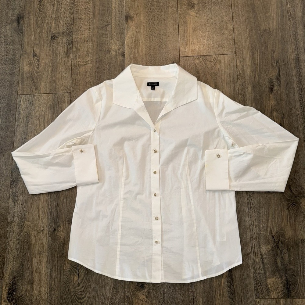 Talbots Women's Sz 12 White Button Down Shirt Rhinostones Button Work Office